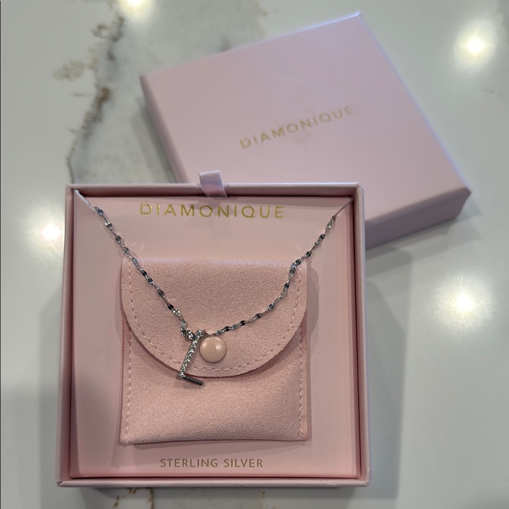 Diamonique Rhodium Plated Sterling Silver Boxed Initial Necklace